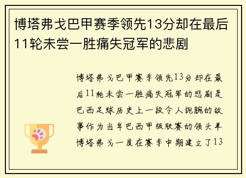 博塔弗戈巴甲赛季领先13分却在最后11轮未尝一胜痛失冠军的悲剧 博塔弗戈巴甲赛季领先13分却在最后11轮未尝一胜痛失冠军的悲剧