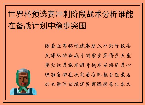 世界杯预选赛冲刺阶段战术分析谁能在备战计划中稳步突围